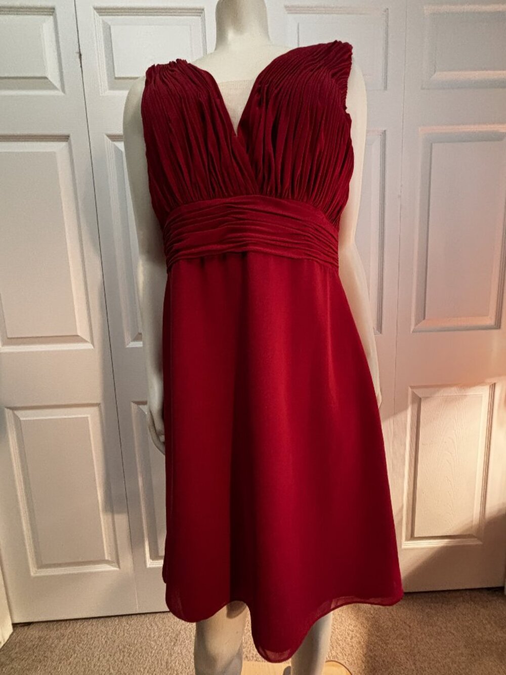 Mary's Burgundy Chiffon Cocktail Dress Size 14 Pleated V-Neck Draped Back Formal